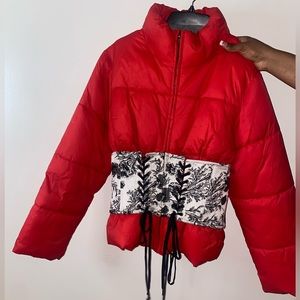 Red coat collar corset style with black n white flower style tie up adjustable